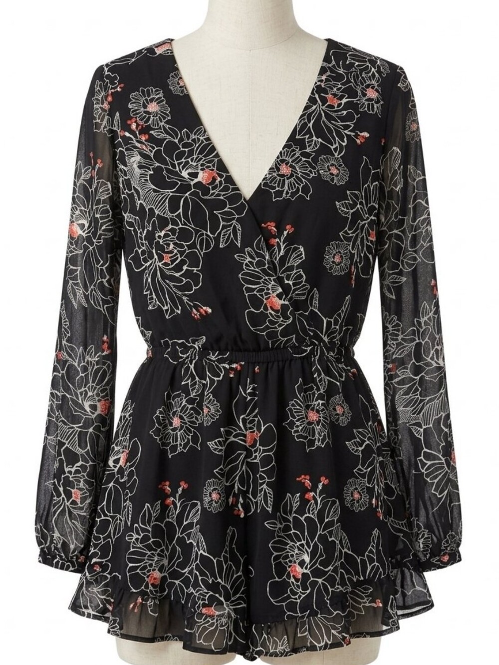 ASTR The Label Floral Long Sleeve Romper Black White V-Neck Ruffle Small